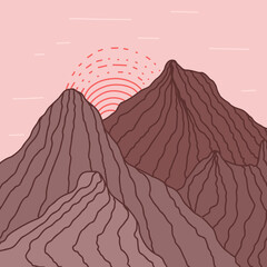 Abstract minimalistic landscape with mountains and ising sun. Boho wall aesthetic background. Flat abstract vector illustration.