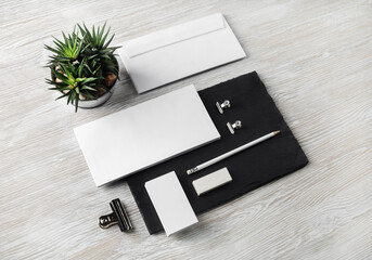 Blank envelopes, business cards, pencil, eraser, clips, succulent plant and stone board.