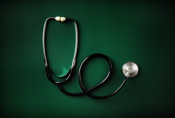 Medical stethoscope on green table background. Flat lay.
