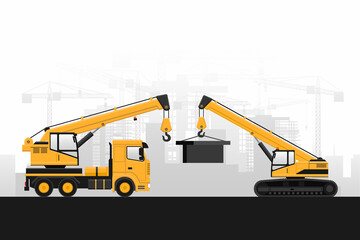 Heavy machinery of crane truck and telescopic crane holding an iron block in a construction with buildings on gray background