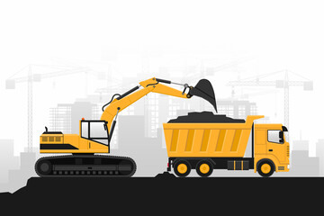 Building construction with heavy machinery, wheel excavator filling a truck on gray background