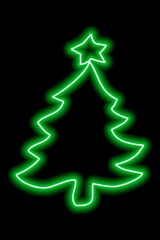 Green neon outline of a Christmas tree with a star on a black background