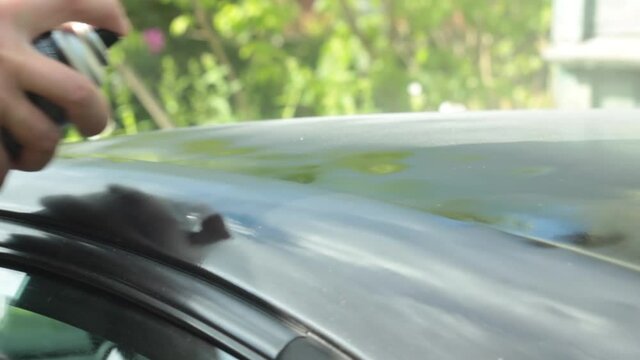 Applying varnish to the roof of the car