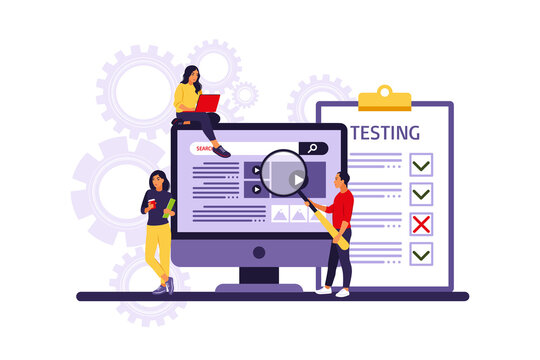 People testing software fixing bugs in hardware device. Application test and IT service concept. Vector illustration. Flat