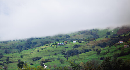 Cantabrian hills and rural landscape of farmland. Valleys pasiegos in nothern Spain.