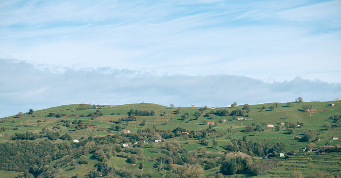 Cantabrian hills and rural landscape of farmland. Valleys pasiegos in nothern Spain.