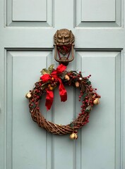 Christmas mood: festive charming elegant christmasy themed winter natural wreath on a wooden green...