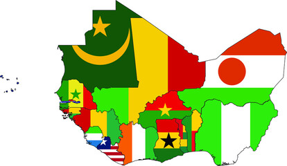 vector illustration of Map of countries of West region of Africa with national flag 