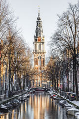 Amsterdam in winter with a view of the former Zuiderkerk in the background