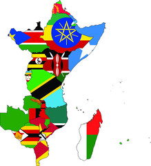 vector illustration of Map of countries of East region of Africa with national flag