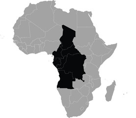 vector illustration of Black map of countries of Central region of Africa inside gray map of Africa
