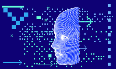 Obraz premium 3D low poly wireframe model of a human head made of triangular pieces. Concept illustration of Artificial intelligence and Neural Network.