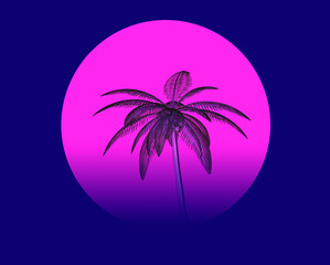 3D vector illustration of a palm in the sunset light. Retrowave and vaporwave aesthetics.