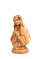 Wooden statue bas-relief of the Blessed Virgin Mary isolated on white background.