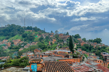 LATAM. Columbia, sityscape of Medellin. San Javier is a residential area, occupying a hilly sprawl...