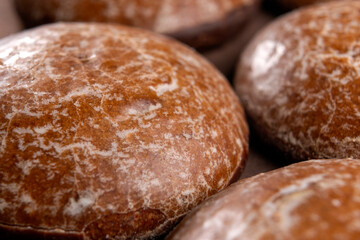 Chocolate gingerbread cookies with a textured surface. Macro