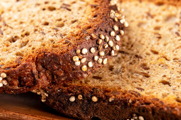 Rustic grain crisp without yeast bread. Macro. Sereal diet food
