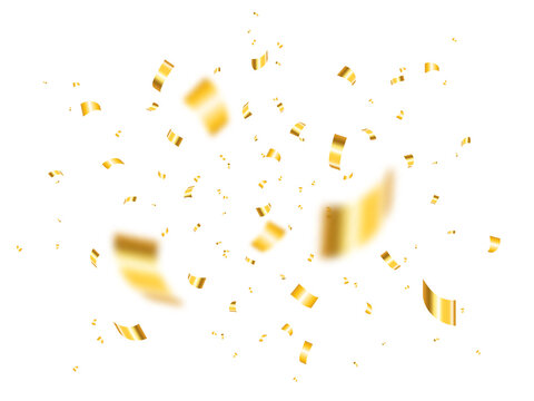 Gold Confetti Burst Isolated On White Background. Defocused Confetti Pieces And Particles. Realistic Anniversary Concept. Bright Festive Elements With Glitter. Vector Illustration