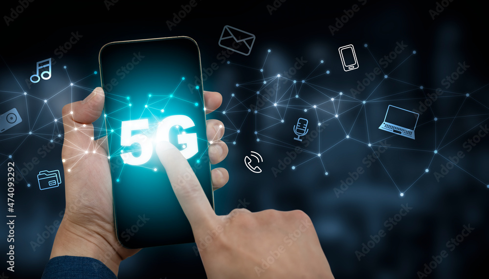 Poster hand hold mobile phone with technology 5g of mobile telecommunication network in europe for high spe