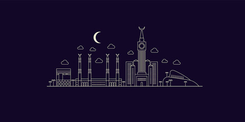 Fototapeta premium Mecca city flat illustration. Mecca holiday travel line drawing. Modern lineart Mecca illustration. Hand sketched poster, banner, postcard, card template for travel company, T-shirt, shirt. Vector EPS
