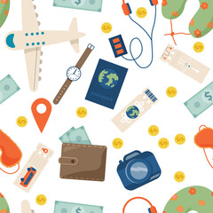 Time to travel concept. Travel seamless pattern. Vector illustration.