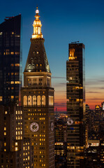 Sunset over Lower Manhattan and the Met-Life clock tower , New York City