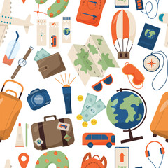 Time to travel concept. Travel seamless pattern. Vector illustration.