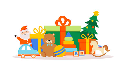Toys on the background of gift boxes, Santa Claus, Christmas tree. Colorful boxes with Chriistmas presents. Poster, banner, card for store, shop. Vector illustration in flat stile on white background