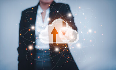 Business woman touching connect to data information on cloud computing network. Cloud computing...