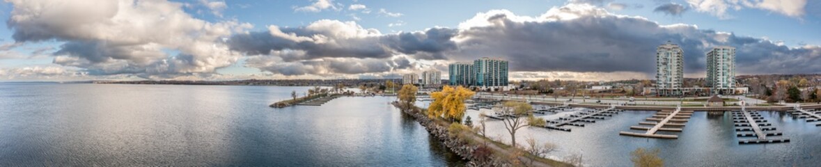 Barrie water front panorama centennial park with boat yard and building in the background