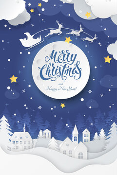 Vector greeting poster with text Merry Christmas and Happy New Year on blue background. Festive winter night scene with paper cut-outs of clouds, village, Santa's sleigh flying around the moon in sky.