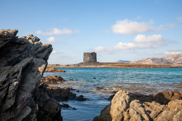 Medieval Castle tower on Stintino Beach Sardinia, Italy