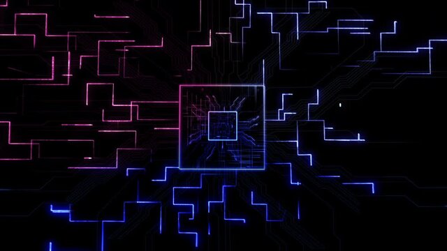 Futuristic Technology Animation CPU GPU Circuit Board Neon. 3D visualization Microchip Augmented Virtual Reality. Data Transmission in Board Chip. Internet of Things.