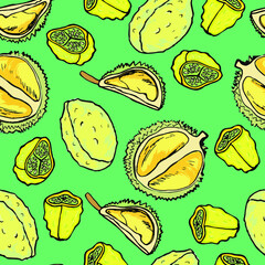 Vector drawn tropic fruits pattern, ripe exotic fruits background, cartoon vector fruits, hole, and half durian, kivano, isolated, light green background