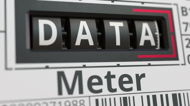 Analog counter or meter with DATA text. Conceptual 3D animation