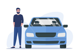 Car owner concept. A man is standing next to his car. Colored flat illustration. Isolated on white background.