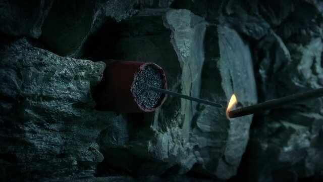 TNT Put In Rock And Fuse Lit And Explodes