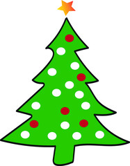 Merry Christmas card. Cartoon Christmas tree isolated on white background. Decorations with star and balls