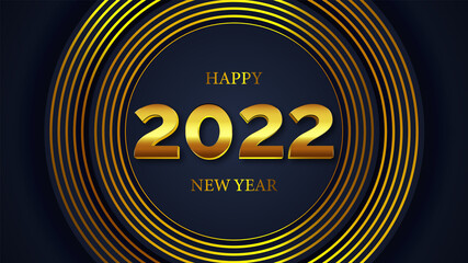 Happy New Year 2022 gold numbers typography greeting card design on dark background. Merry Christmas invitation poster with golden decoration elements.