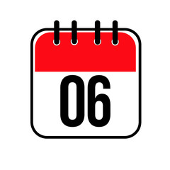 Calendar day 06. Number six on a white paper with red border on white background. Vector ilustration.