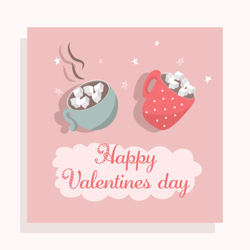 Postcard on a pink background for the holiday. Valentine's Day and Couples. Valentine's Day. Celebration. 2 cups. Stock Vector illustration. Minimalism. Cartoon.Cute design.