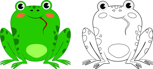 vector illustration coloring on the model of a funny frog sitting with his tongue hanging out