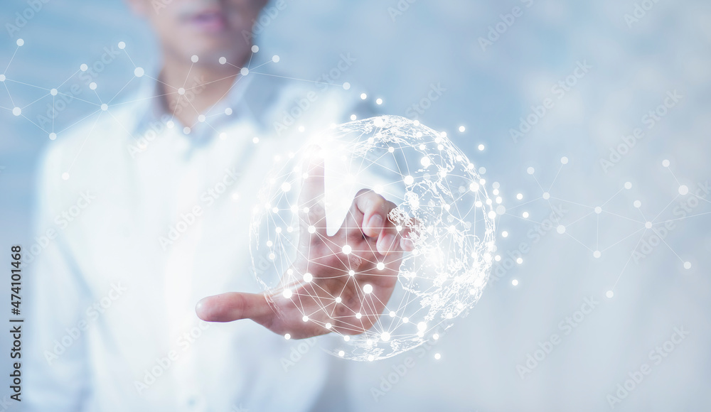 Poster businessman holding connections system and global data exchange. ,business network connection concep