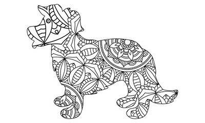 Hand drawn dog. Sketch for anti-stress adult coloring book in zen-tangle style. Vector illustration for coloring page.