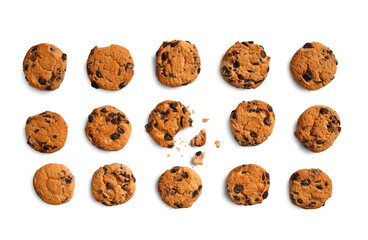 Tasty chocolate chips cookies on white background