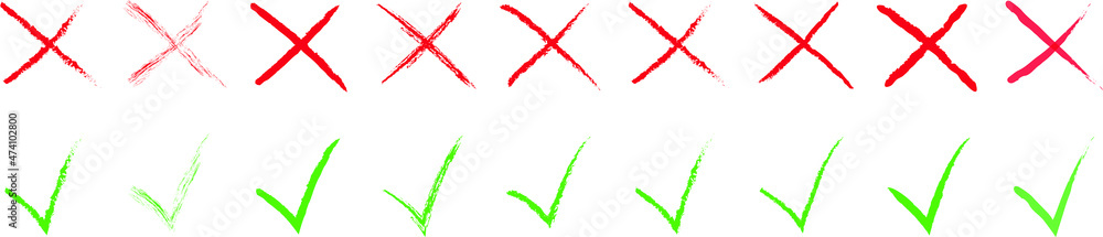 Poster set of hand drawn check marks yes no. isolated on white background. vector checklist marks icon set.