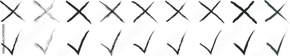 Poster set of hand drawn check marks yes no. isolated on white background. vector checklist marks icon set.