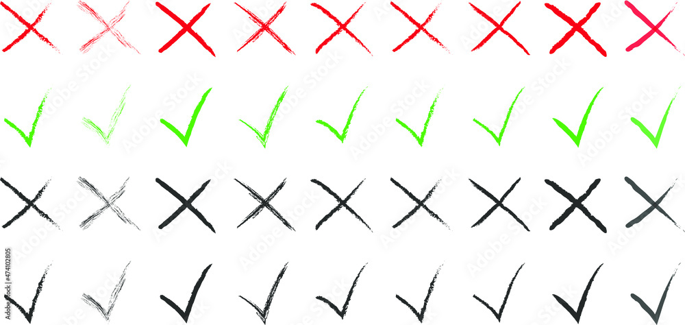 Poster set of hand drawn check marks yes no. isolated on white background. vector checklist marks icon set.