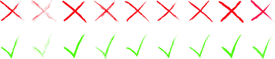 set of hand drawn check marks yes no. isolated on white background. Vector checklist marks icon set. Vector illustration