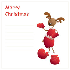 Greeting christmas card with lines for signature and merry dancing deer.